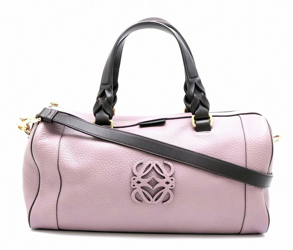 Loewe Fusta Leather Handbag Boston Shoulder Bag Dark Brown Purple